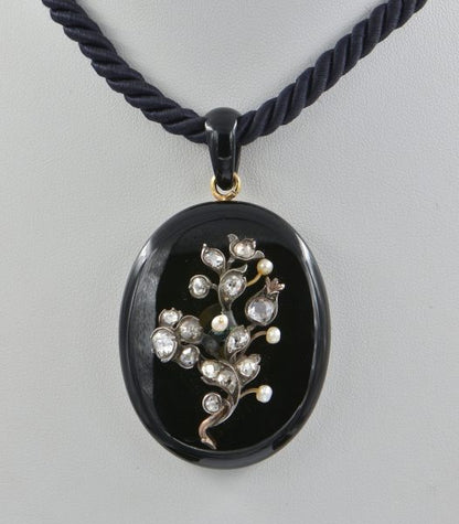 Antique Victorian 2.60ct Old Cut Diamond and Pearl Forget Me Not Onyx 18ct Gold Necklace