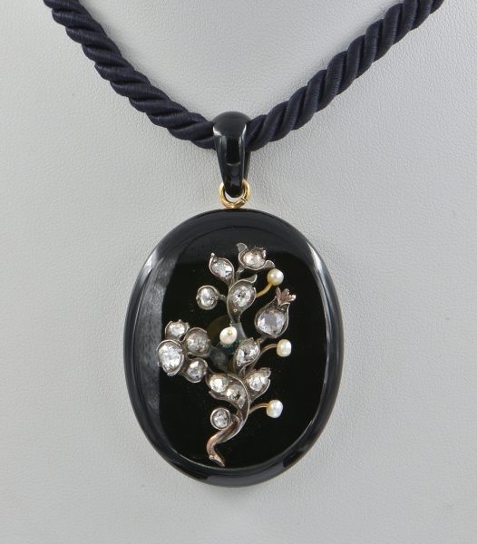 Antique Victorian 2.60ct Old Cut Diamond and Pearl Forget Me Not Onyx 18ct Gold Necklace