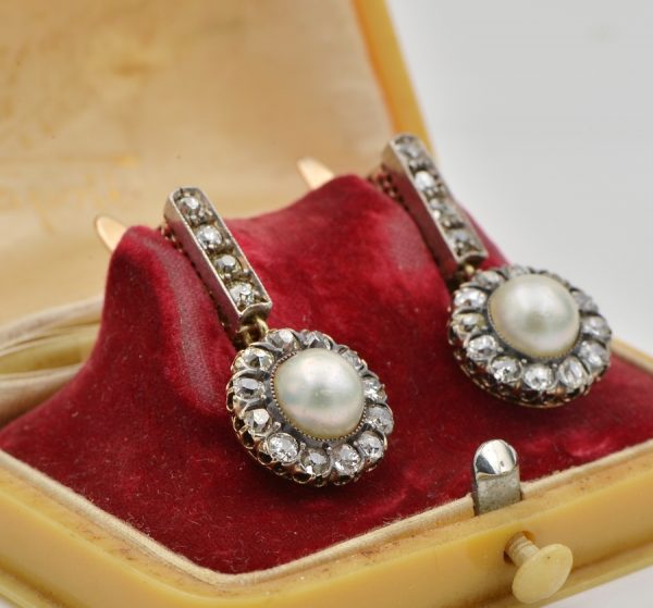 Antique Victorian 2.90ct Natural Pearl and 2.60ct Diamond Certified Drop Earrings