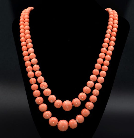 Vintage Double Strand Rare Pink Salmon Coral Diamond Clasp, Circa 1970