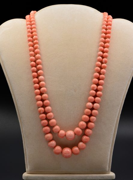 Vintage Double Strand Rare Pink Salmon Coral Diamond Clasp, Circa 1970