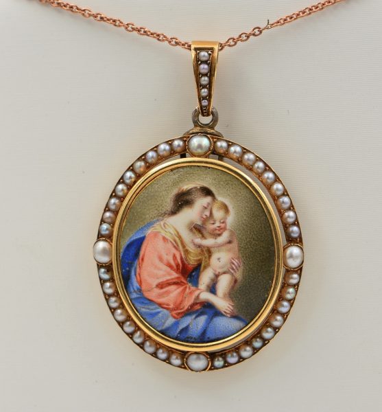 Antique Victorian French Virgin Mary and Baby 18ct Gold Natural Pearl Pendant