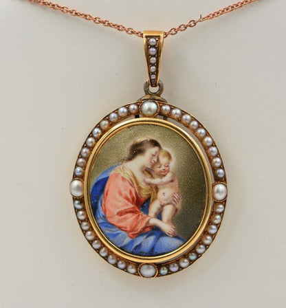 Antique Victorian French Virgin Mary and Baby 18ct Gold Natural Pearl Pendant