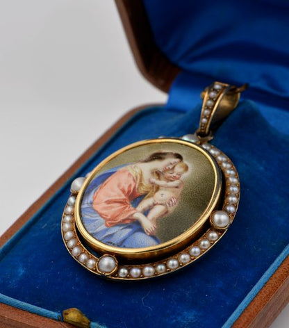 Antique Victorian French Virgin Mary and Baby 18ct Gold Natural Pearl Pendant