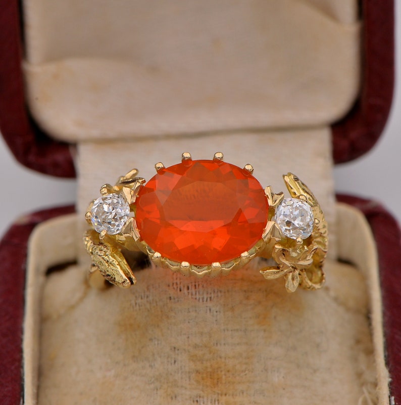 Rare Antique Victorian 3.80ct Natural Fire Opal .60ct Old Mine Cut Diamond Snake ring