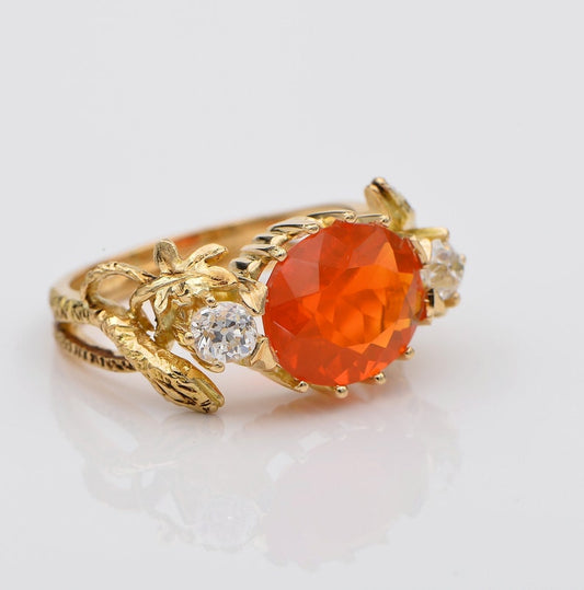 Rare Antique Victorian 3.80ct Natural Fire Opal .60ct Old Mine Cut Diamond Snake ring