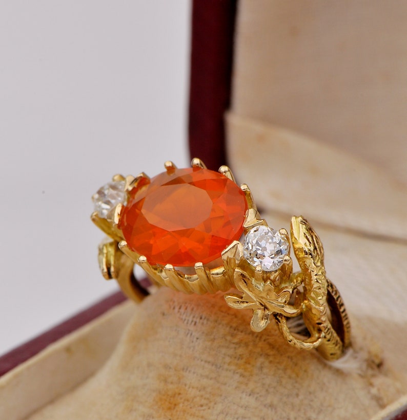 Rare Antique Victorian 3.80ct Natural Fire Opal .60ct Old Mine Cut Diamond Snake ring