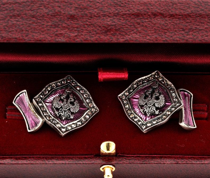 Antique Fabergé Mikhail Perkhin Antique Diamond Guilloche Cufflinks