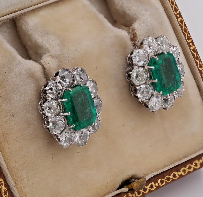 Antique Art Deco 3.16ct Certified Colombian Emerald 4.40ct Old Mine Cut Diamond Stud Earrings