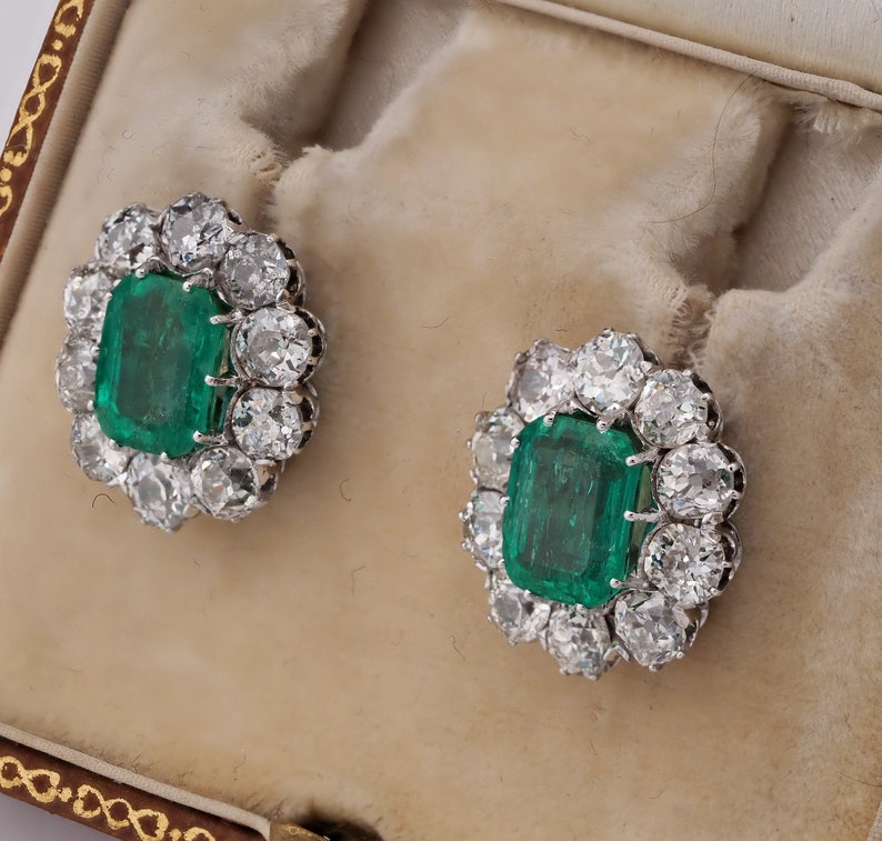 Antique Art Deco 3.16ct Certified Colombian Emerald 4.40ct Old Mine Cut Diamond Stud Earrings