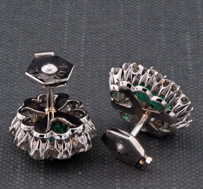 Antique Art Deco 3.16ct Certified Colombian Emerald 4.40ct Old Mine Cut Diamond Stud Earrings