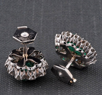 Antique Art Deco 3.16ct Certified Colombian Emerald 4.40ct Old Mine Cut Diamond Stud Earrings