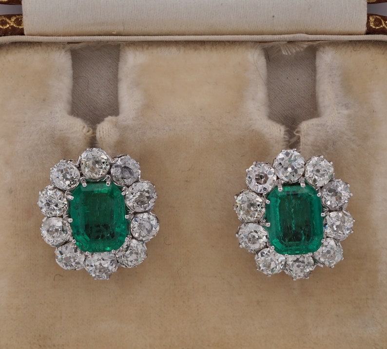 Antique Art Deco 3.16ct Certified Colombian Emerald 4.40ct Old Mine Cut Diamond Stud Earrings