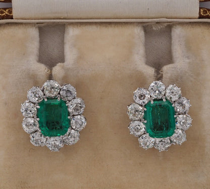 Antique Art Deco 3.16ct Certified Colombian Emerald 4.40ct Old Mine Cut Diamond Stud Earrings