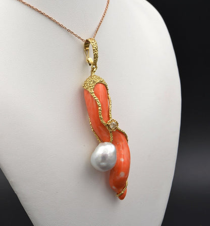 Vintage Coral, Diamond and Pearl Rare Signed Cornetto Pendant