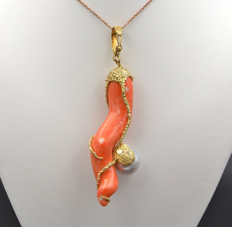 Vintage Coral, Diamond and Pearl Rare Signed Cornetto Pendant