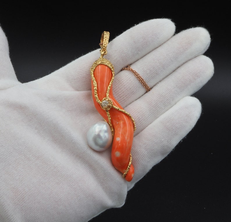 Vintage Coral, Diamond and Pearl Rare Signed Cornetto Pendant