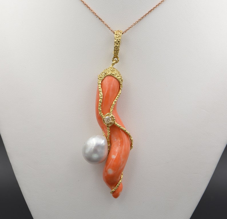 Vintage Coral, Diamond and Pearl Rare Signed Cornetto Pendant