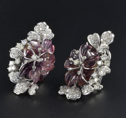 Vintage Carved Melon Tourmaline and 3.10 Carat Diamond Rare Flower Earrings