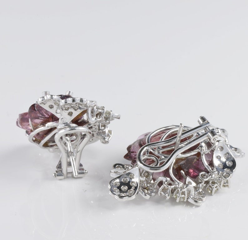 Vintage Carved Melon Tourmaline and 3.10 Carat Diamond Rare Flower Earrings