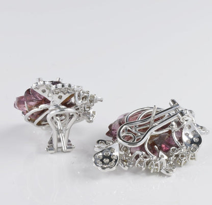 Vintage Carved Melon Tourmaline and 3.10 Carat Diamond Rare Flower Earrings