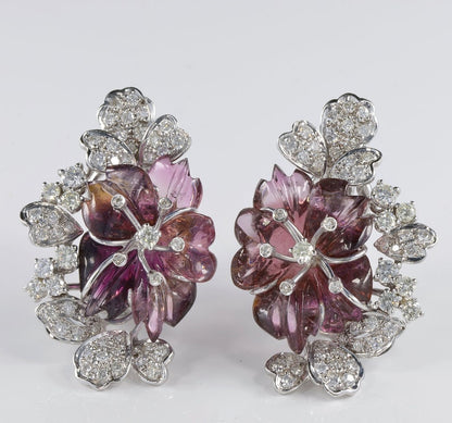 Vintage Carved Melon Tourmaline and 3.10 Carat Diamond Rare Flower Earrings