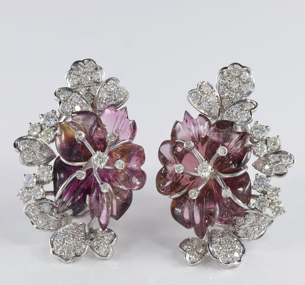 Vintage Carved Melon Tourmaline and 3.10 Carat Diamond Rare Flower Earrings
