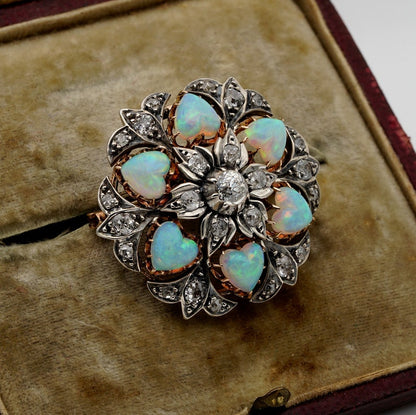 Antique Victorian Rare 10.50ct Heart Multi Opal and 1.45ct Diamond Brooch Pendant