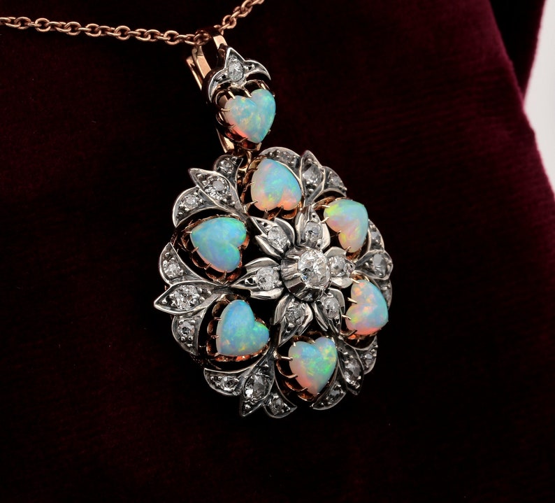 Antique Victorian Rare 10.50ct Heart Multi Opal and 1.45ct Diamond Brooch Pendant