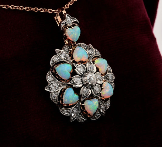 Antique Victorian Rare 10.50ct Heart Multi Opal and 1.45ct Diamond Brooch Pendant