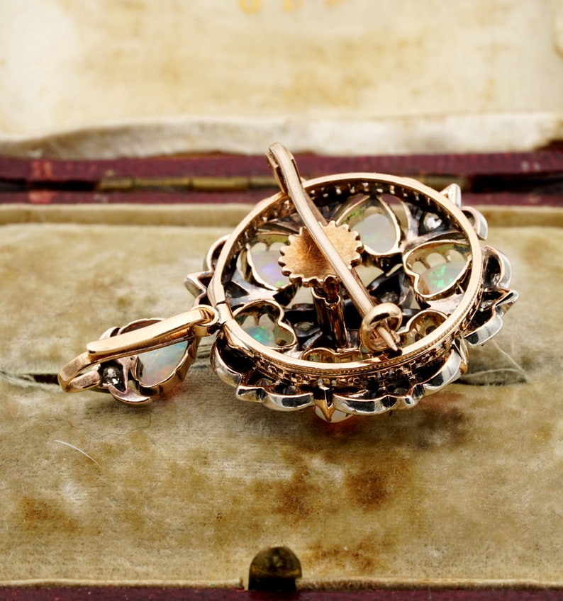 Antique Victorian Rare 10.50ct Heart Multi Opal and 1.45ct Diamond Brooch Pendant