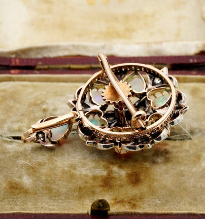 Antique Victorian Rare 10.50ct Heart Multi Opal and 1.45ct Diamond Brooch Pendant