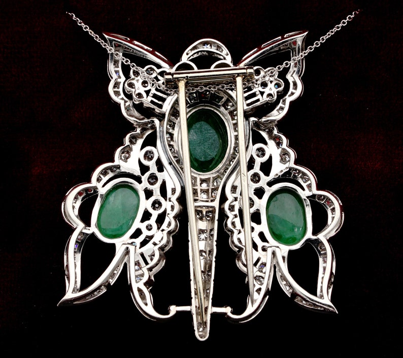 Antique Art Deco 11.0ct GCS Certified Jadeite Jade and 12.40ct Diamond XL Butterfly Platinum Pendant Brooch