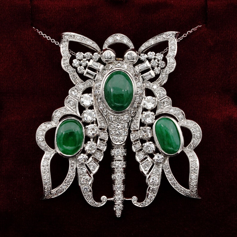 Antique Art Deco 11.0ct GCS Certified Jadeite Jade and 12.40ct Diamond XL Butterfly Platinum Pendant Brooch
