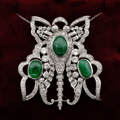 Antique Art Deco 11.0ct GCS Certified Jadeite Jade and 12.40ct Diamond XL Butterfly Platinum Pendant Brooch