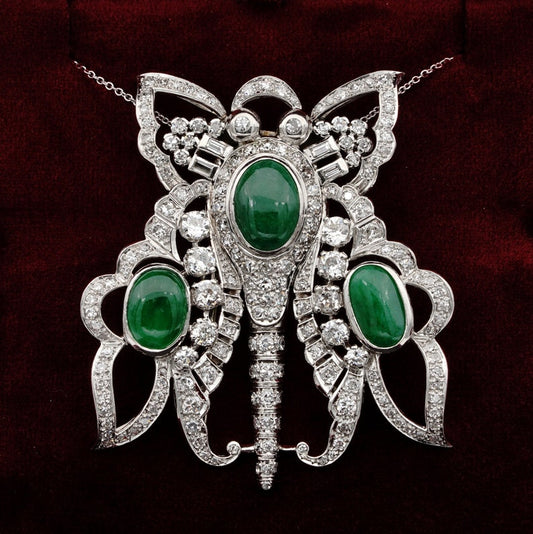 Antique Art Deco 11.0ct GCS Certified Jadeite Jade and 12.40ct Diamond XL Butterfly Platinum Pendant Brooch
