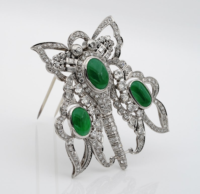 Antique Art Deco 11.0ct GCS Certified Jadeite Jade and 12.40ct Diamond XL Butterfly Platinum Pendant Brooch