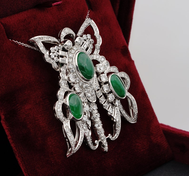 Antique Art Deco 11.0ct GCS Certified Jadeite Jade and 12.40ct Diamond XL Butterfly Platinum Pendant Brooch