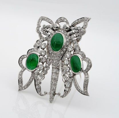 Antique Art Deco 11.0ct GCS Certified Jadeite Jade and 12.40ct Diamond XL Butterfly Platinum Pendant Brooch