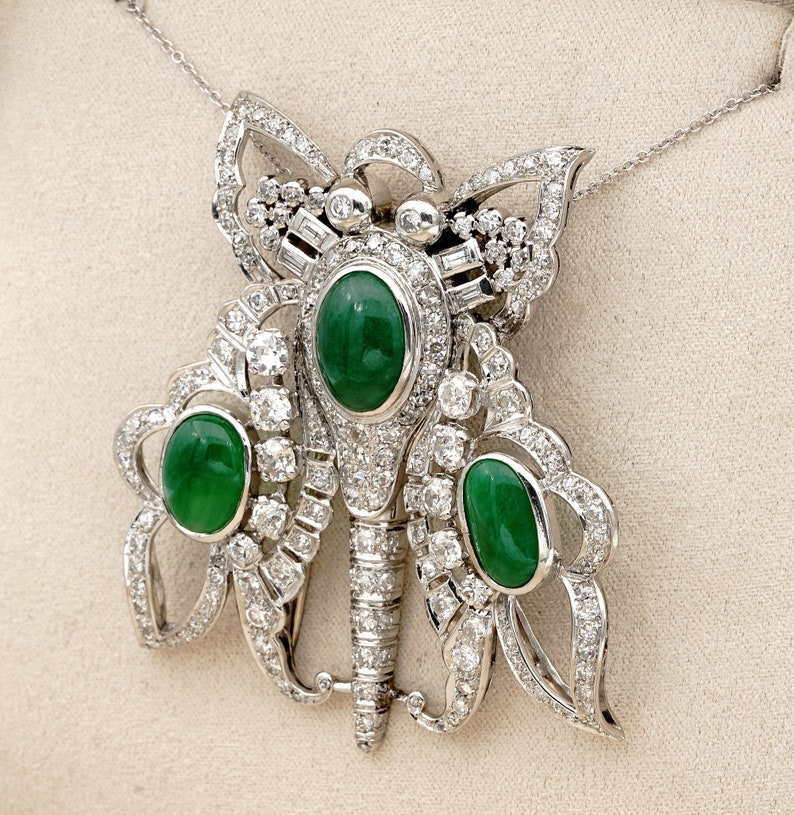Antique Art Deco 11.0ct GCS Certified Jadeite Jade and 12.40ct Diamond XL Butterfly Platinum Pendant Brooch