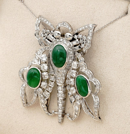 Antique Art Deco 11.0ct GCS Certified Jadeite Jade and 12.40ct Diamond XL Butterfly Platinum Pendant Brooch