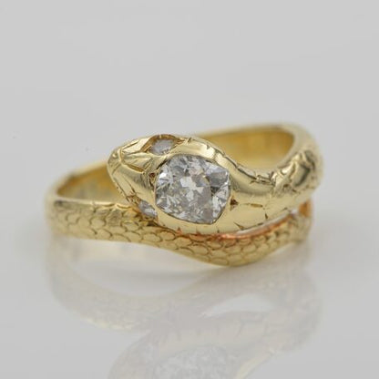 Antique Victorian 1.10ct Old Mine Cut Diamond Solitaire Snake Ring, 18ct Gold
