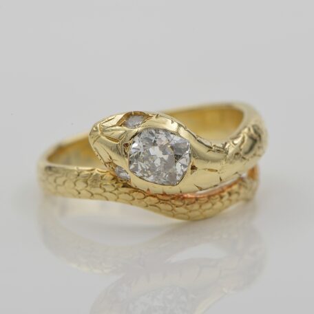 Antique Victorian 1.10ct Old Mine Cut Diamond Solitaire Snake Ring, 18ct Gold