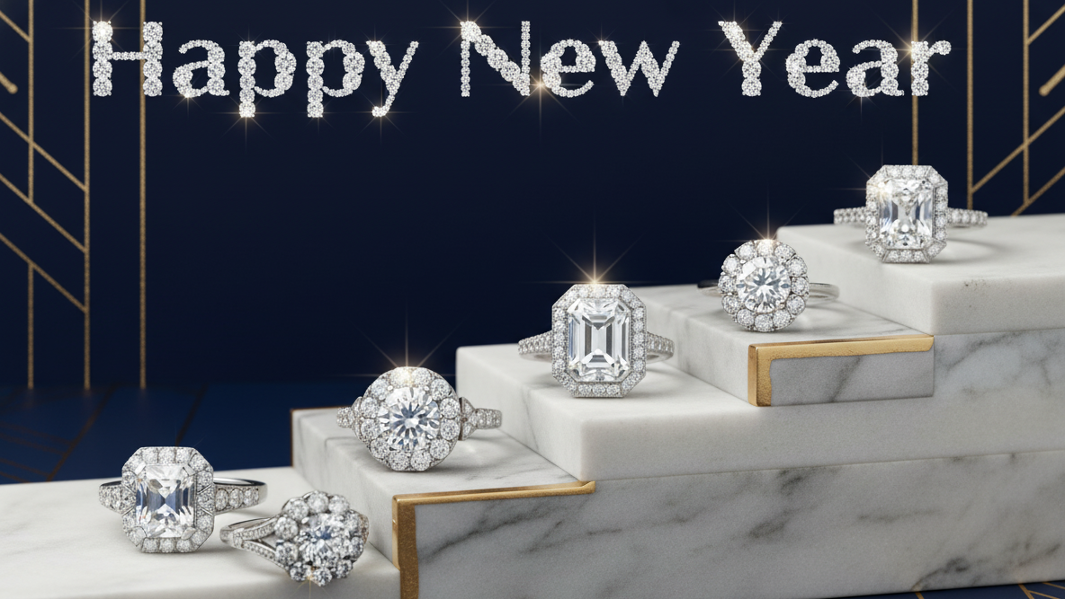Diamond rings on a marble platform with 'Happy New Year' text against a dark blue background