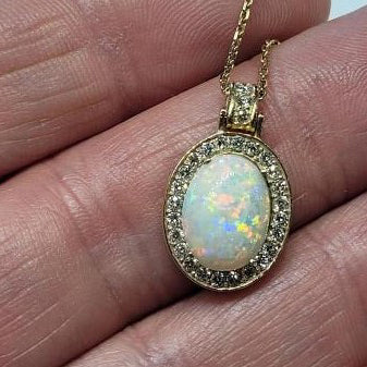 Harlequin Opal and Diamond Oval Cluster Pendant 18ct Yellow Gold