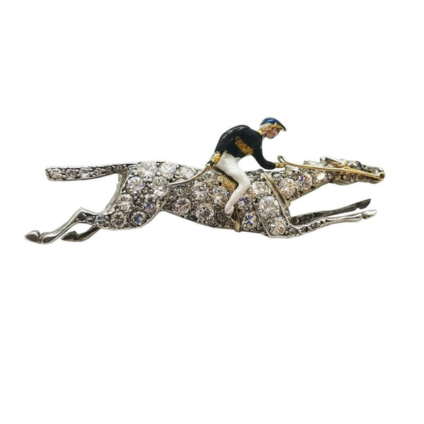 Antique Horse with Jockey Brooch, 1.80ct, enamel and 15ct yellow gold, c.1930's