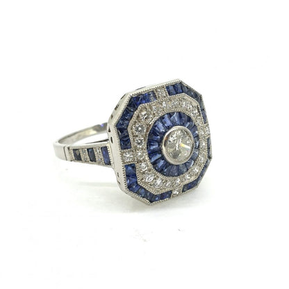 Diamond and Calibre Sapphire Target Cluster Dress Ring in Platinum