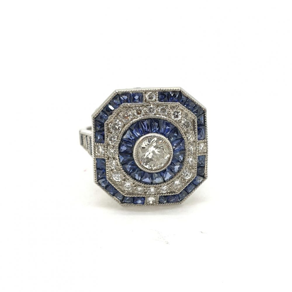 Diamond and Calibre Sapphire Target Cluster Dress Ring in Platinum