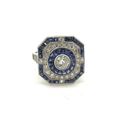 Diamond and Calibre Sapphire Target Cluster Dress Ring in Platinum