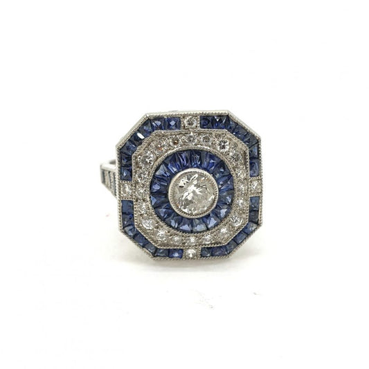 Diamond and Calibre Sapphire Target Cluster Dress Ring in Platinum